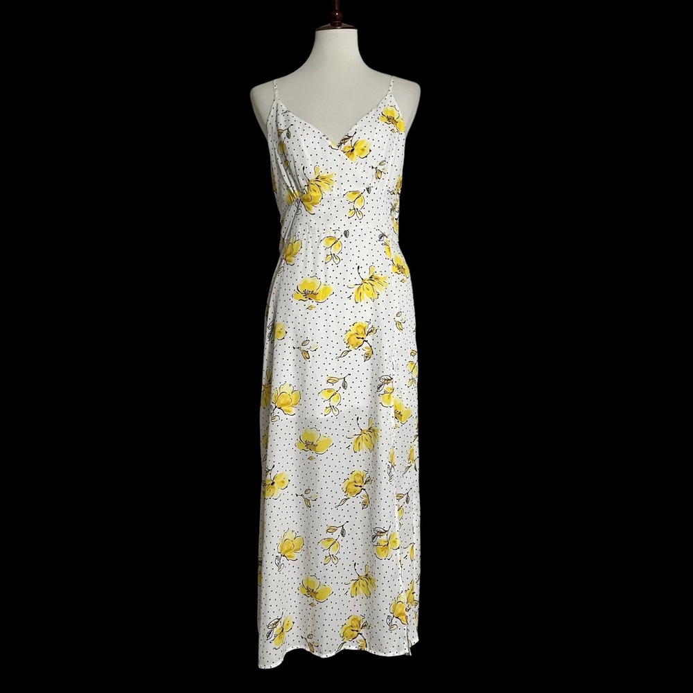 Abercrombie & Fitch Floral Polka Dot Maxi Dress Yellow White Large V-Neck Slit